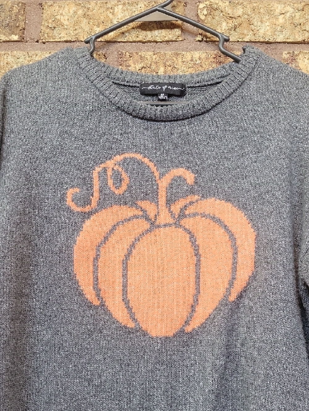 State of Mine Gray Crewneck Sweater with Orange Pumpkin Motif Size Medium - Picture 3 of 10